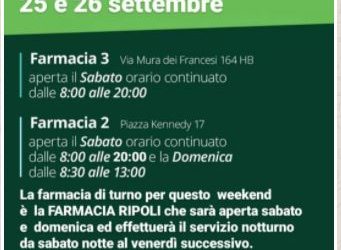 ORARIO FARMACIE COMUNALI 25-26 SETTEMBRE 2021