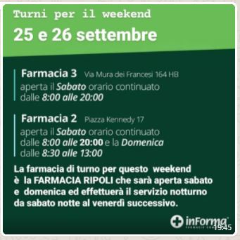 ORARIO FARMACIE COMUNALI 25-26 SETTEMBRE 2021