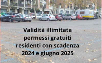 Servizio di gestione e controllo aree sosta a pagamento. Validità illimitata permessi  gratuiti residenti con scadenza 2024 e giugno 2025