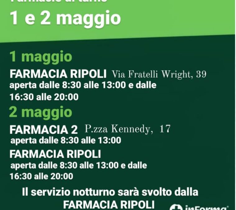 FARMACIE DI TURNO WEEK-END 1-2 MAGGIO 2021