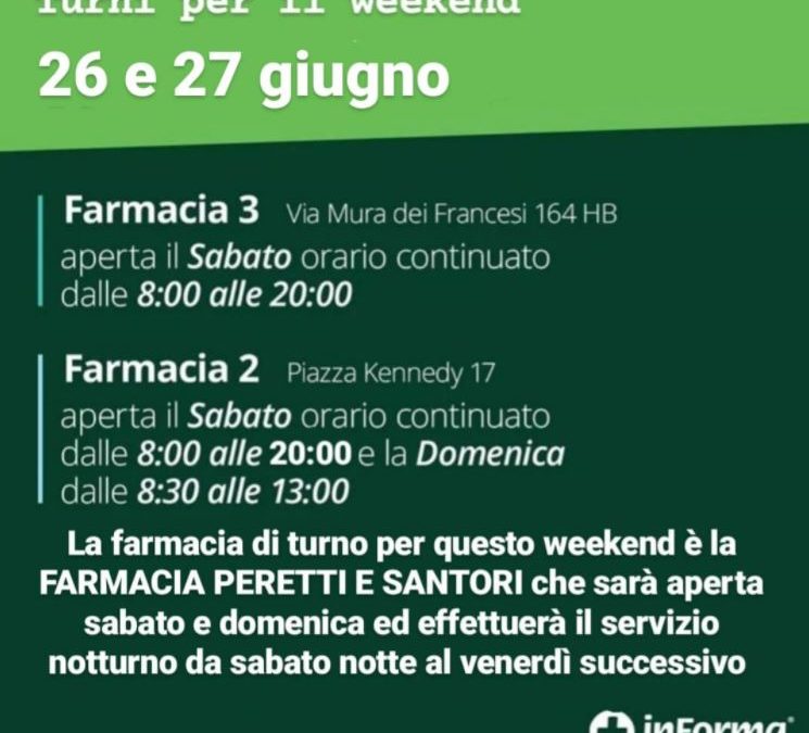 ORARIO APERTURA FARMACIE 26-27 GIUGNO 2021