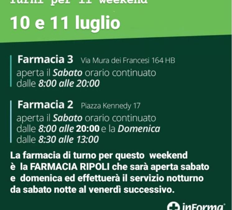 ORARIO APERTURA FARMACIE 10-11 LUGLIO 2021