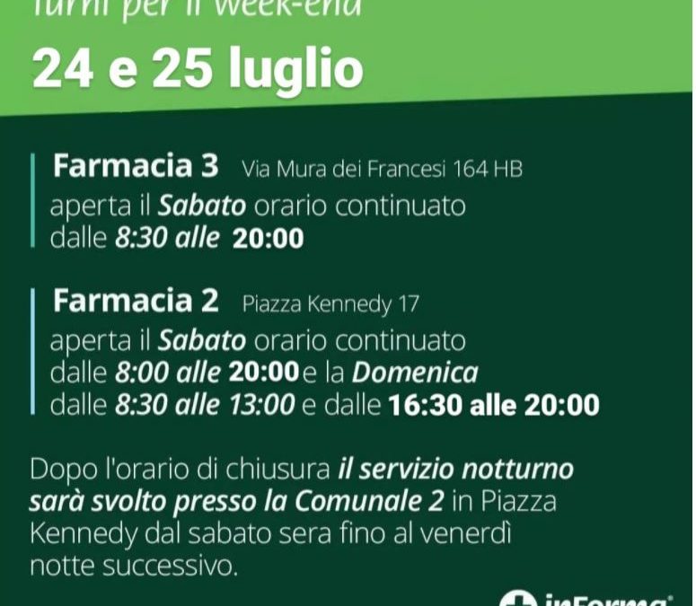 ORARIO APERTURA FARMACIE 24-25 LUGLIO 2021