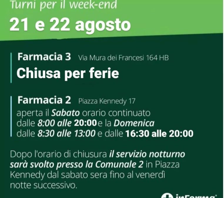 ORARIO APERTURA FARMACIE CIAMPINO 21-22 AGOSTO 2021