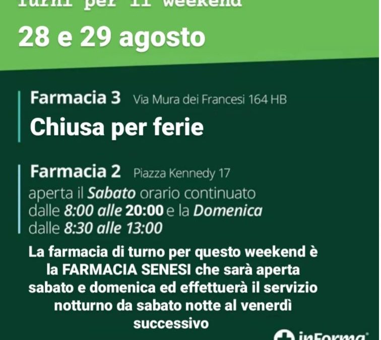 ORARIO APERTURA FARMACIE 28-29 AGOSTO 2021