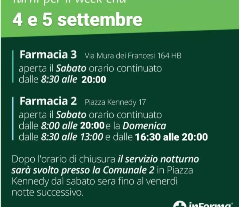 ORARIO APERTURA FARMACIE 4-5 SETTEMBRE 2021