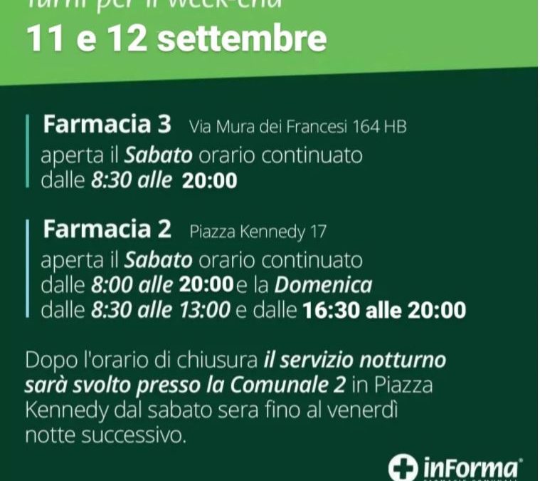 ORARIO APERTURA FARMACIE WEEK- END 11-12 SETTEMBRE 2021