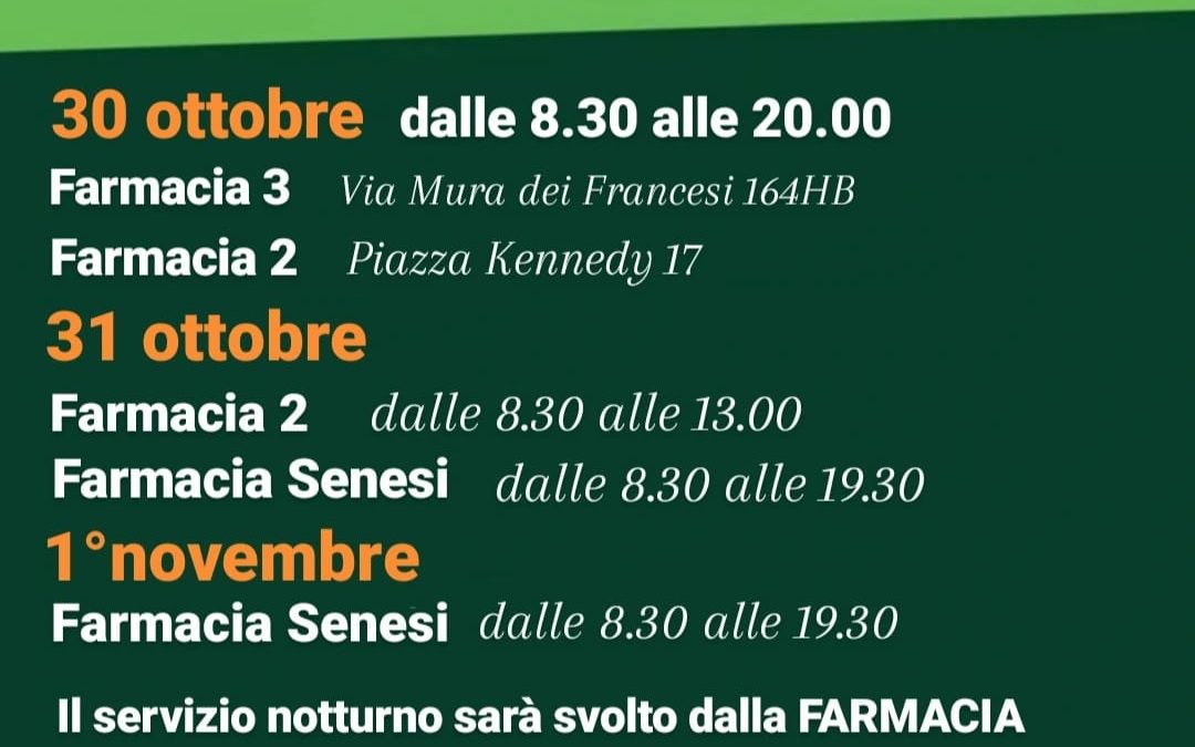 ORARIO FARMACIE CIAMPINO 30-31 OTTOBRE E 1 NOVEMBRE 2021