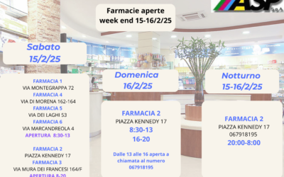 ORARIO APERTURA FARMACIE WEEK-END 15 E 16 FEBBRAIO 2025